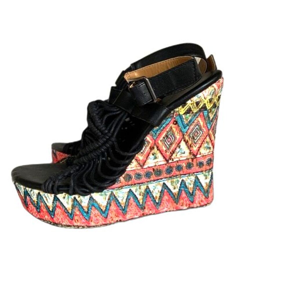 Dolce by Mojo Moxy Black Macrame Multicolor Wedge Heel Platform Sandals Size 10M